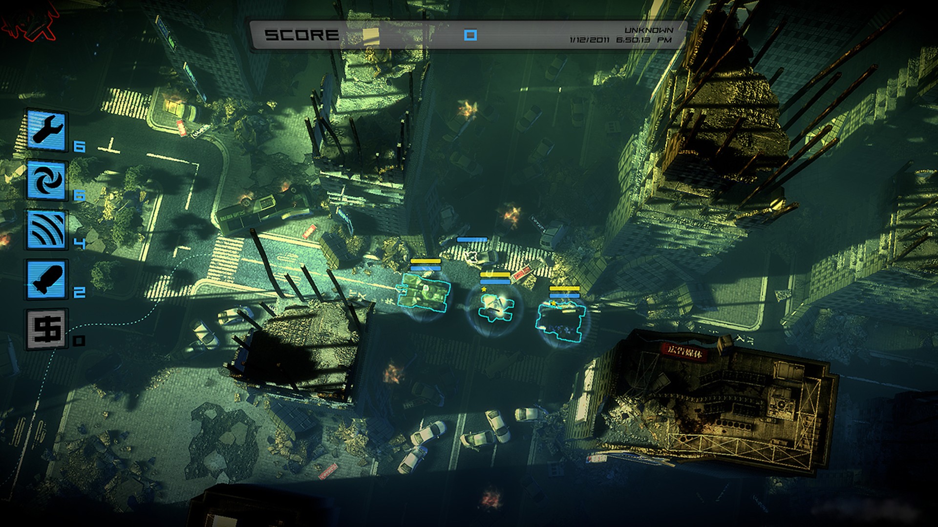 Best Tower Defense Game: Three tanks travel through the dilapidated city streets in Anomaly: Warzone Earth.
