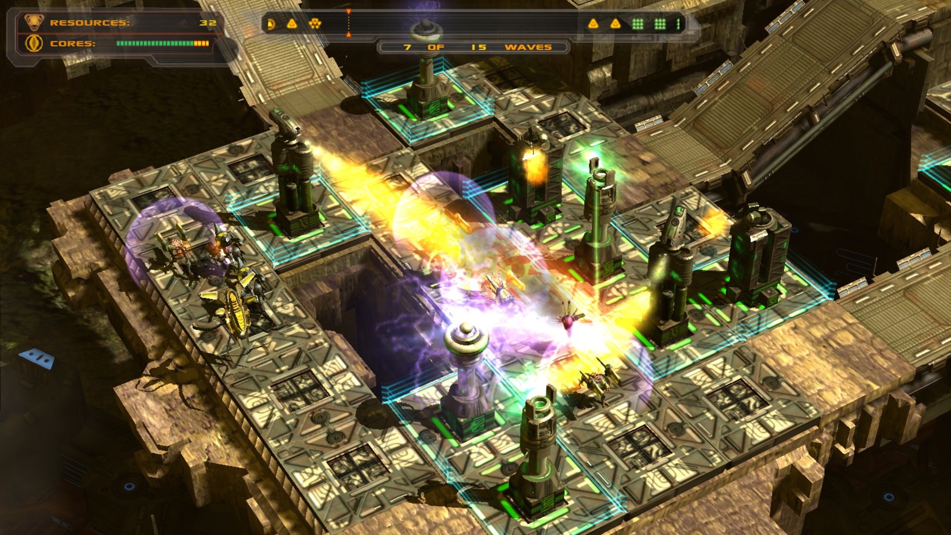 Best Tower Defense Game: Towers in a defense grid shoot flames at oncoming mechs.