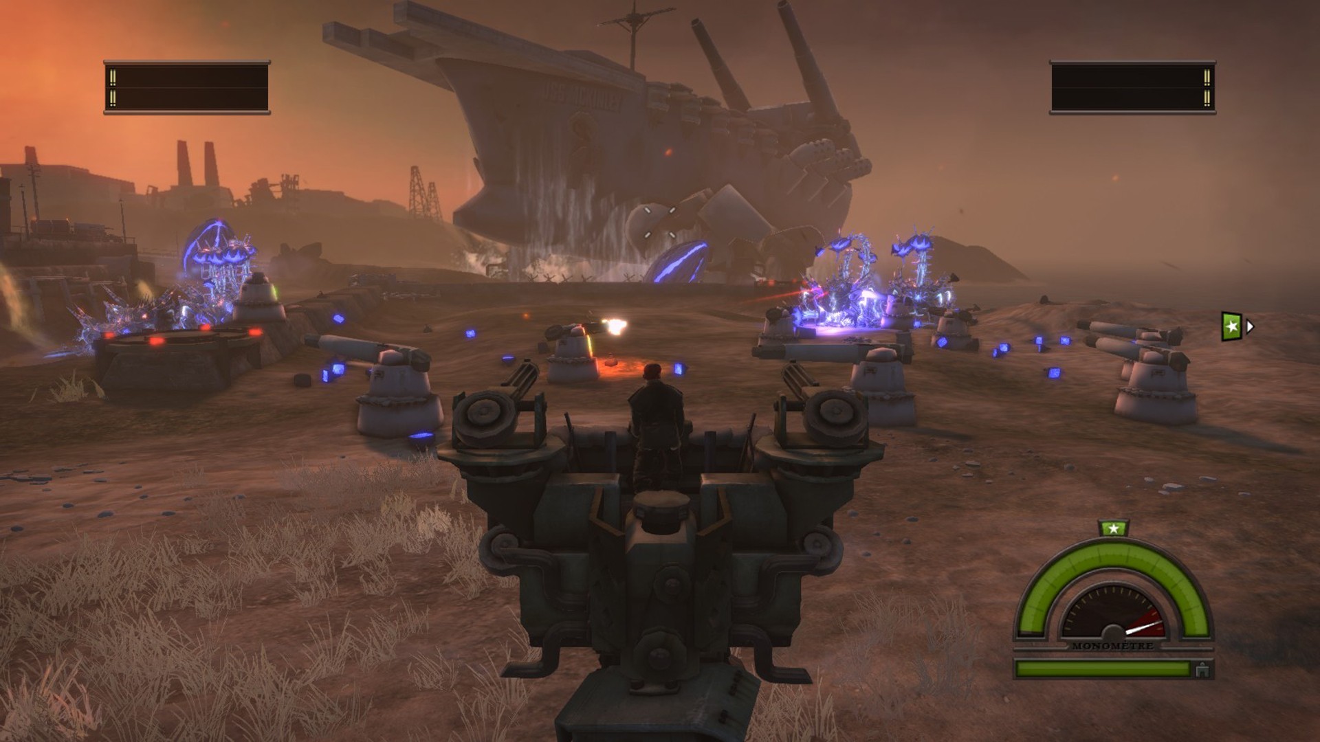 Best tower defense games: gun turrets shooting purple insectoid aliens in Iron Brigade.
