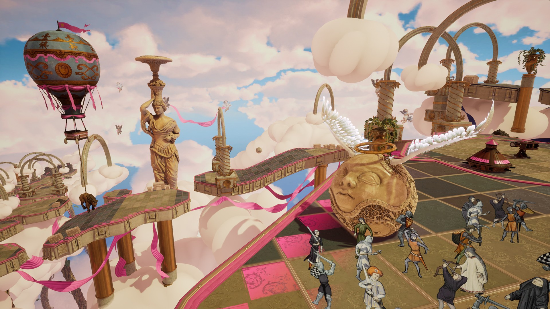 Best tower defense games: a pink embellished level in the clouds; a giant ornate ball with angel wings and a human face sits on a tiled path in Rock of Ages 2.