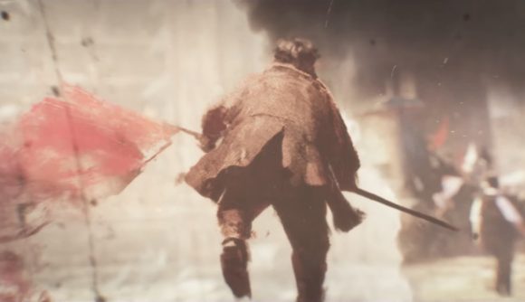A young man carries a red flag as he runs in a piece of Victoria 3 promotional artwork styled like a sepia-toned, impressionistic painting.