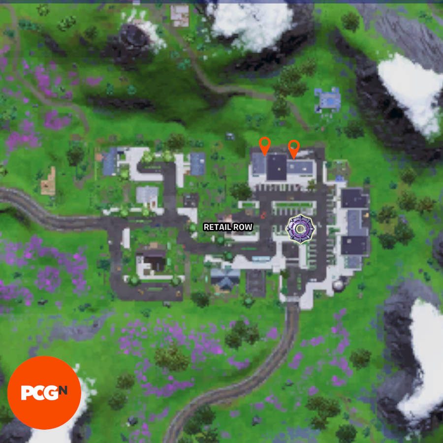 A map showing two locations for Fortnite cat food to collect in Retail Row.