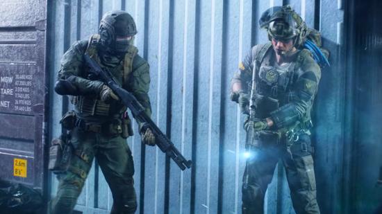 Two soldiers in Battlefield 2042 holding a shotgun and assault rifle in front of a cargo container