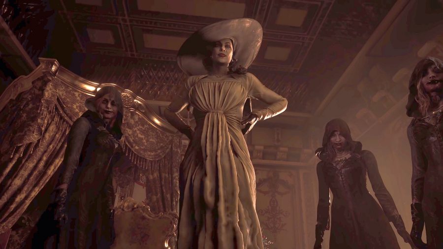 Lady Dimitrescu and her daughters looking down on the player in Resident Evil Village.