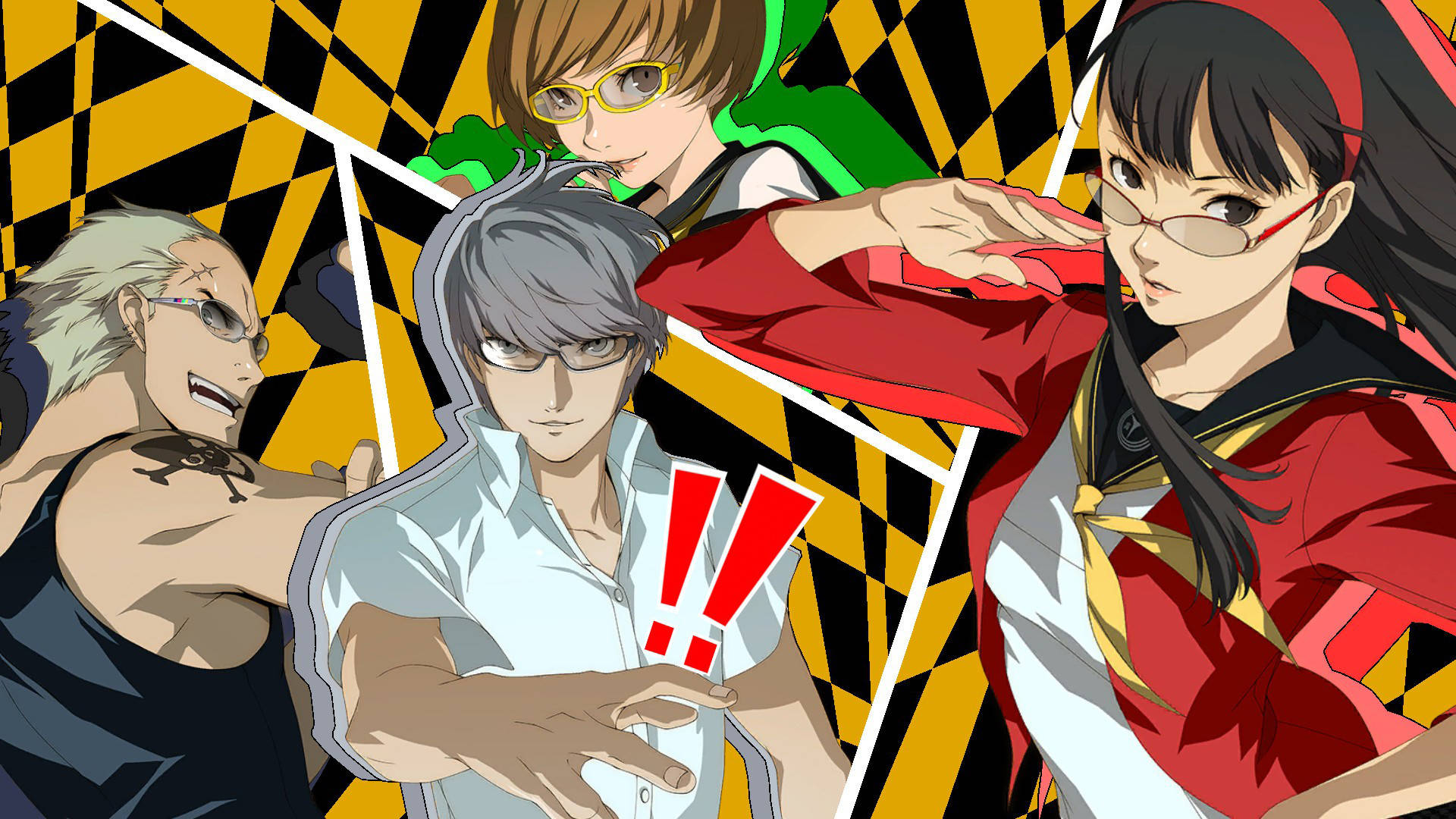 Four of the characters in Persona 4 Golden, one of the best JRPGs, posing for a team attack.