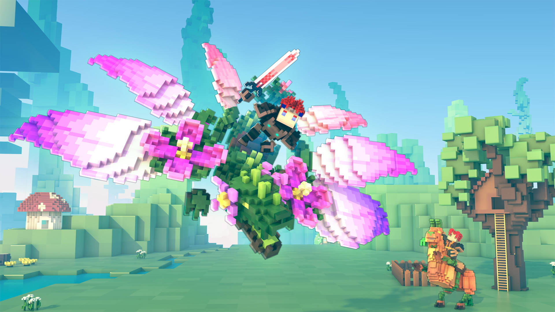 Best open-world games: a polygonal character is riding on a plant dragon in Trove while brandishing a sword. Another character is riding an orange llama and stands outside a treehouse.