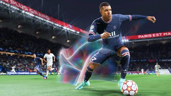 Kylian Mbappé, the FIFA 22 release date cover star, dribbling with the ball