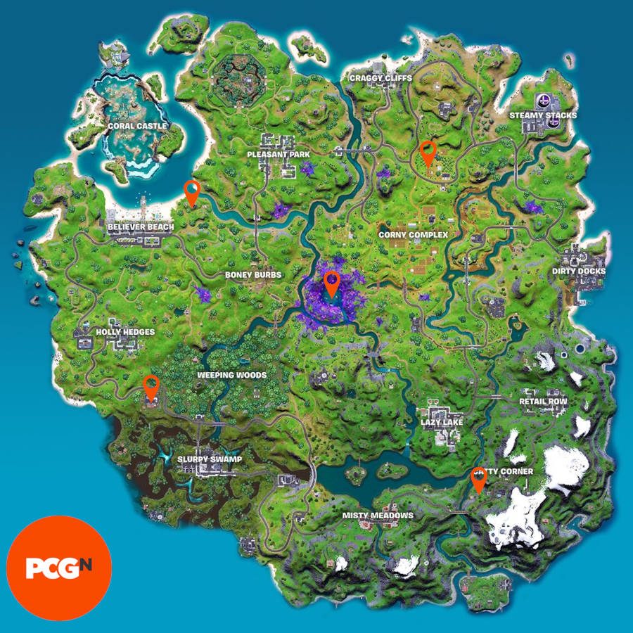 All five of the Fortnite alien artifact locations pinpointed on the map.