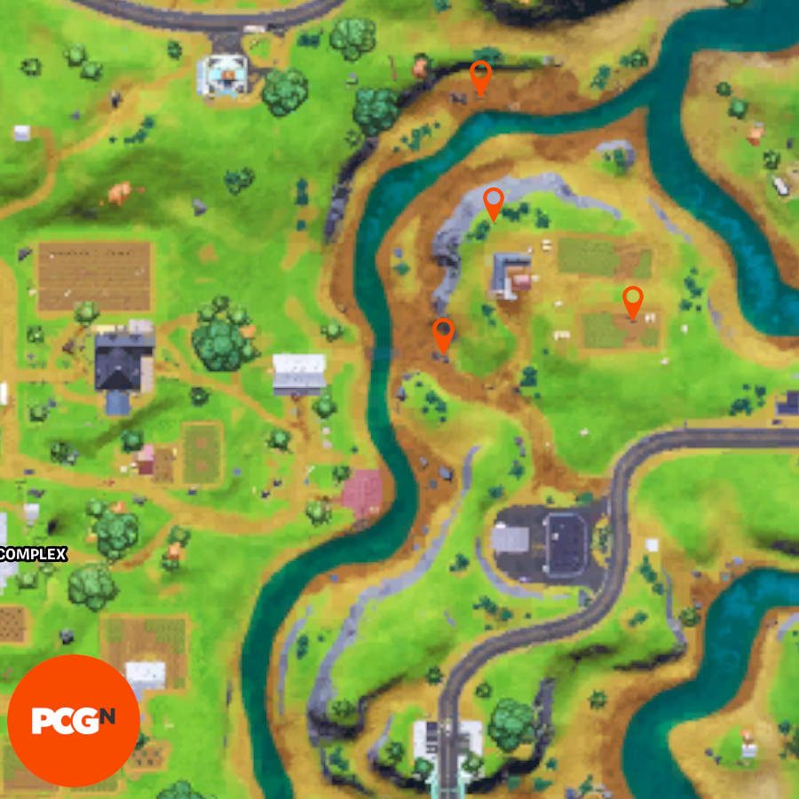 Las cuatro ubicaciones en el mapa de Fortnite que muestran las ubicaciones donde los jugadores deben buscar en las granjas para el acero agricultor