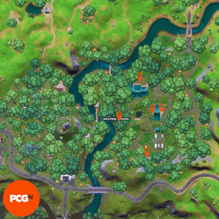 All of the locations for the Fortnite missing persons signs in Weeping Woods.