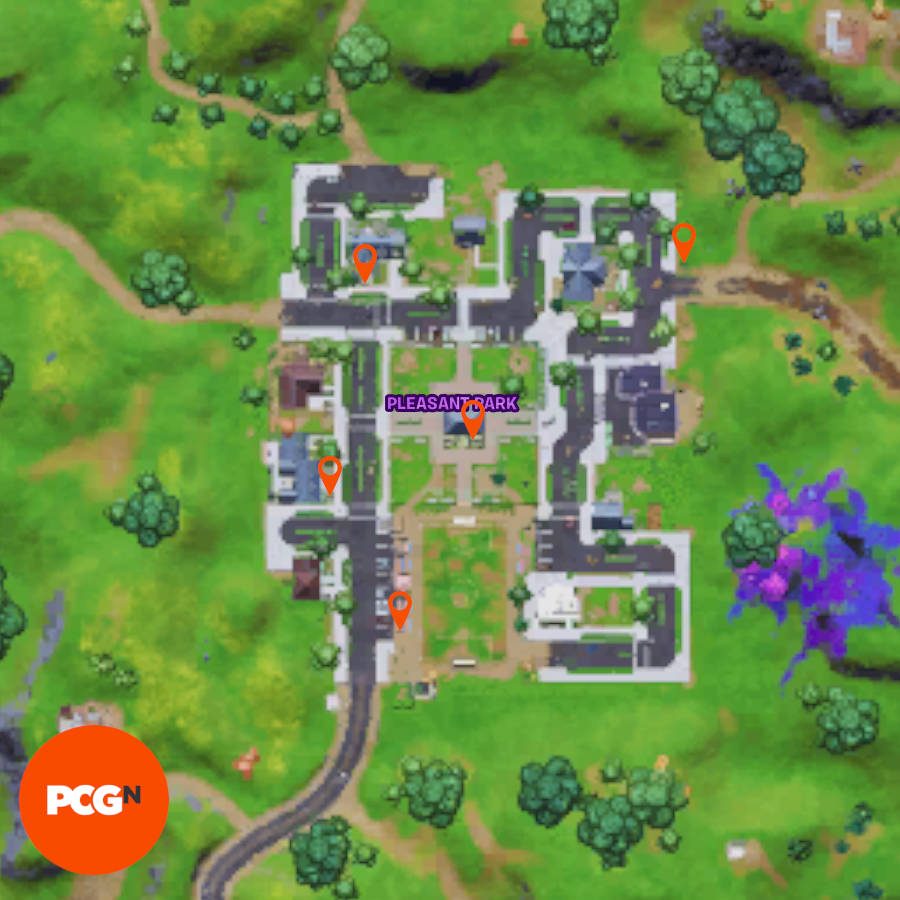 A map of Fortnite's Pleasant Park with pins in it to highlight the welcome signs locations