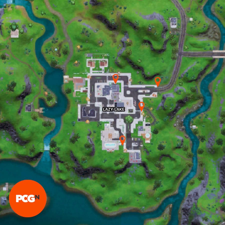 A map of Fortnite's Lazy Lake with pins in it to highlight the welcome signs locations