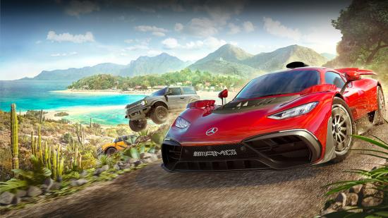 A promo image from Forza Horizon 5 featuring a red sports car and two SUVs in the Mexican backdrop