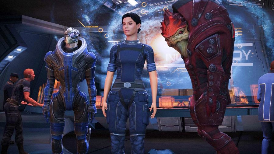 Ashley, Wrex og Garrus poserer i Normandie in Mass Effect Legendary Edition