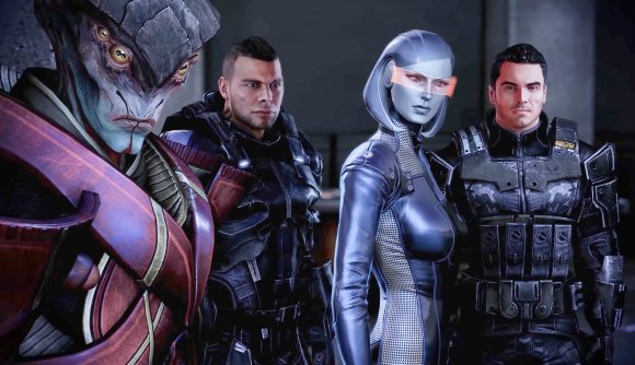 Four Mass Effect squadmates, Javik, James, EDI, and Kaidan