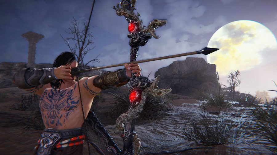 A samurai in Naraka Bladepoint drawing a bow with snake heads and jewels. It's one of the game's ranged weapons.