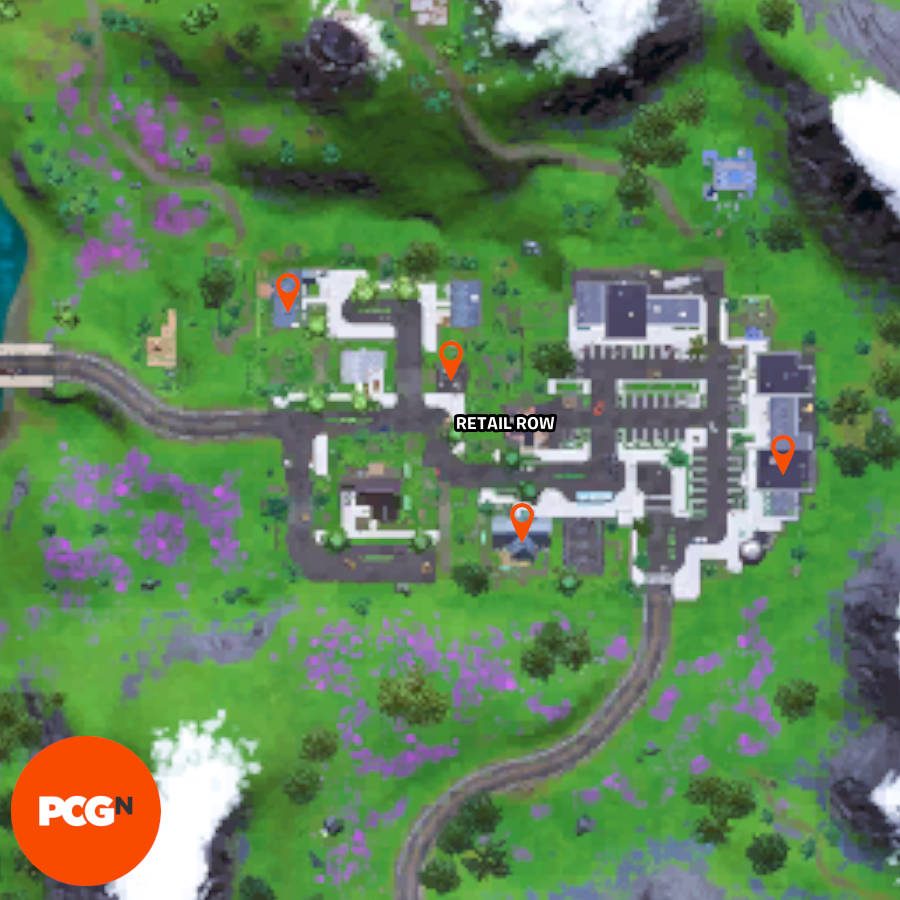 All four Fortnite parent book locations on Retail Row, pinned on a map.