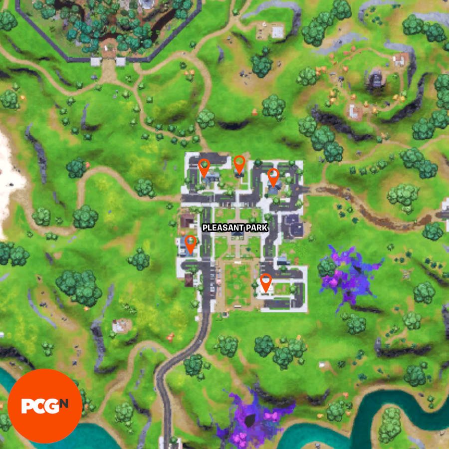 All five Fortnite records locations in Pleasant Park are pinned on this map.