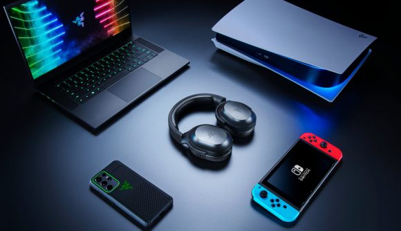 The Razer Barracuda wireless gaming headset is surrounded by the items it's compatible with, including a gaming laptop, PS5, Nintendo Switch, and an Android smartphone