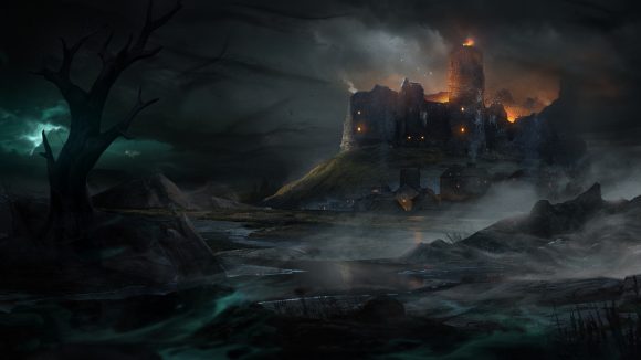 A piece of art showing a ruined castle at night, from survival rts game age of darkness