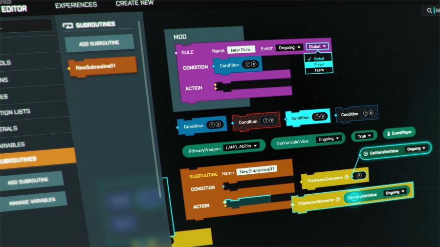 Battlefield Portal's logic editor uses coloured blocks to create custom rules and conditions for matches.