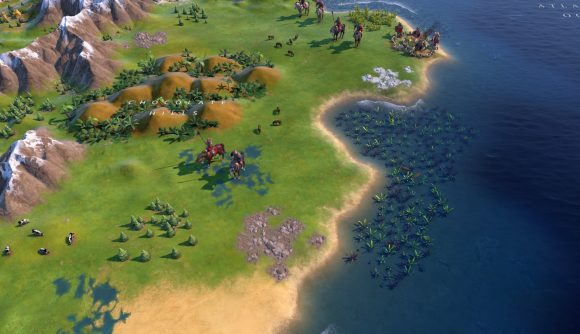 A Civilization 6 map screen showing a coast with kelp forests growing in the ocean.