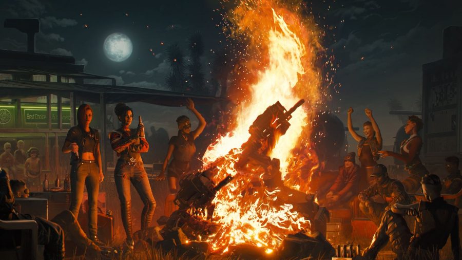 Campfire at the Aldecaldos camp in Cyberpunk 2077