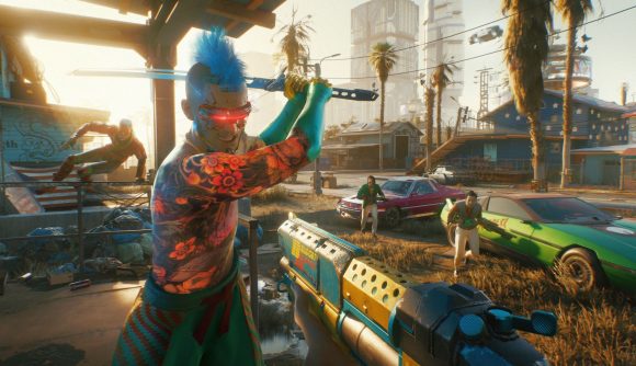 A Cyberpunk 2077 character attacks the player with a katana