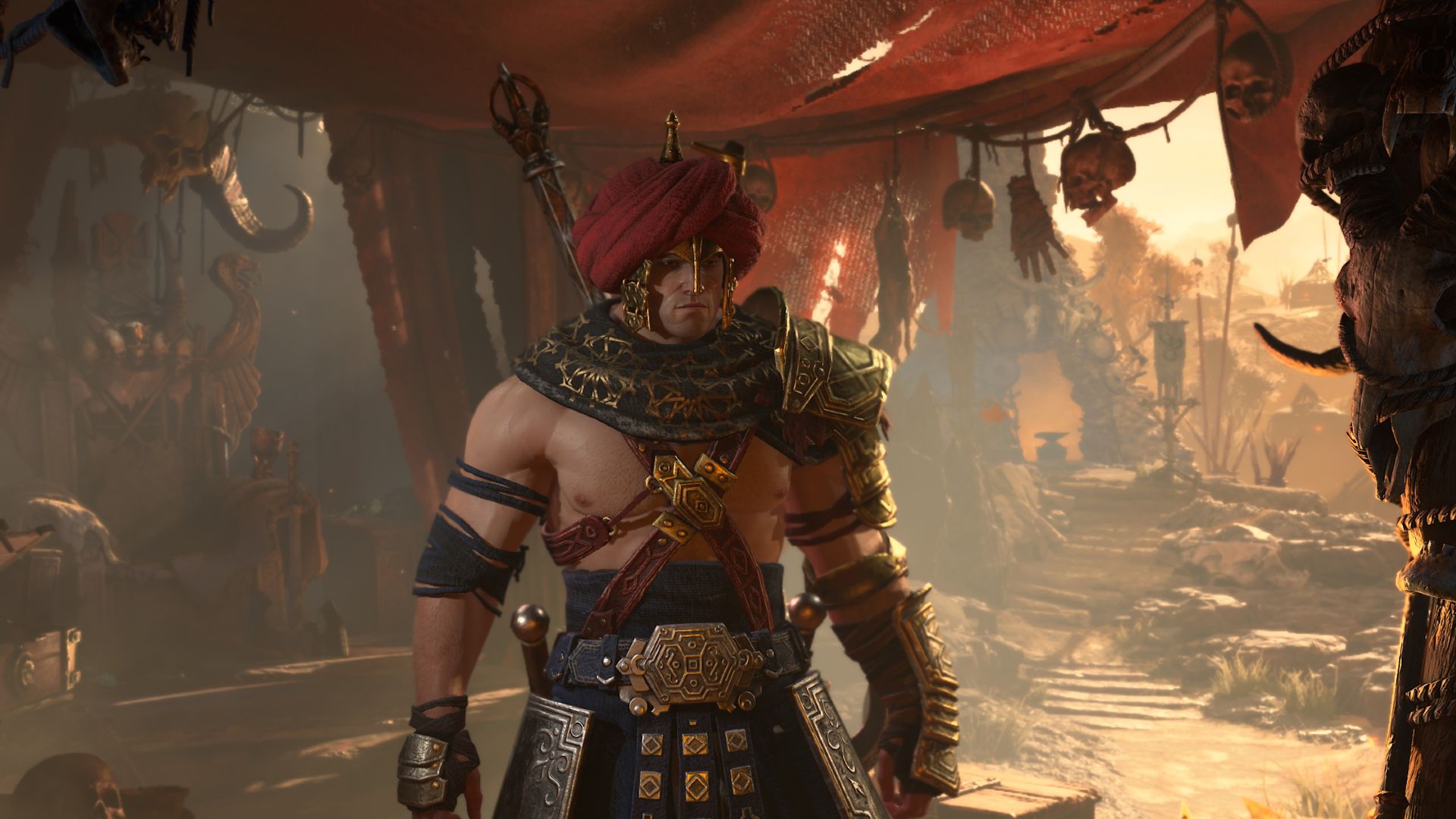 Diablo 4 release date: a barbarian in wearing a turban in the middle of a middle-eastern style market.