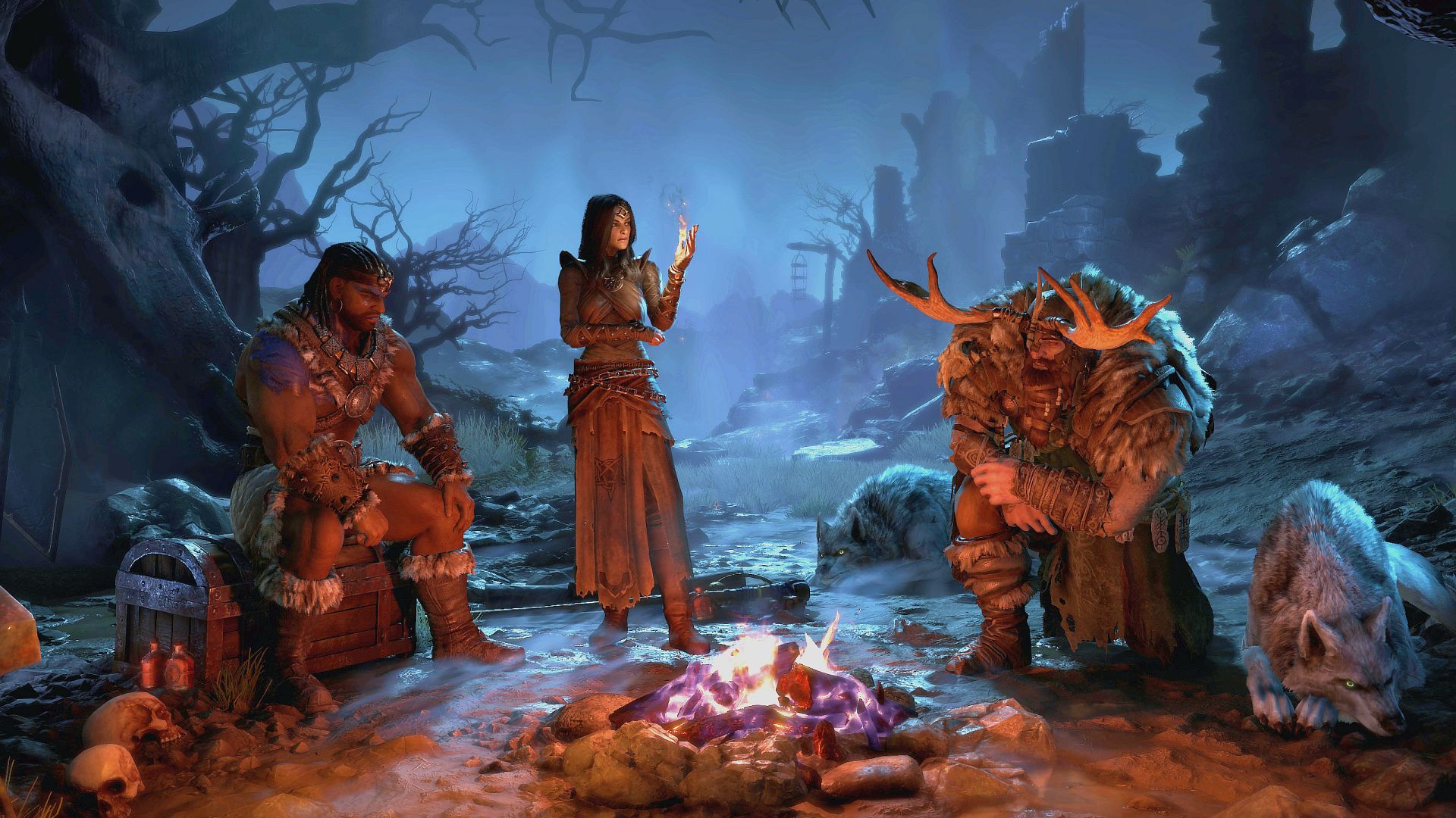 Diablo 4 release date: three of the five revealed characters sitting by a camp fire.