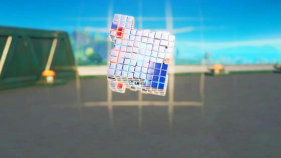 A shiny, glowing alien nanite cube in Fortnite