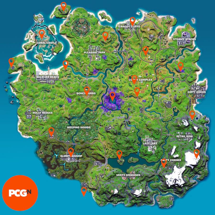 All of the Fortnite alien artifacts locations up to week 6, pinned on the map.