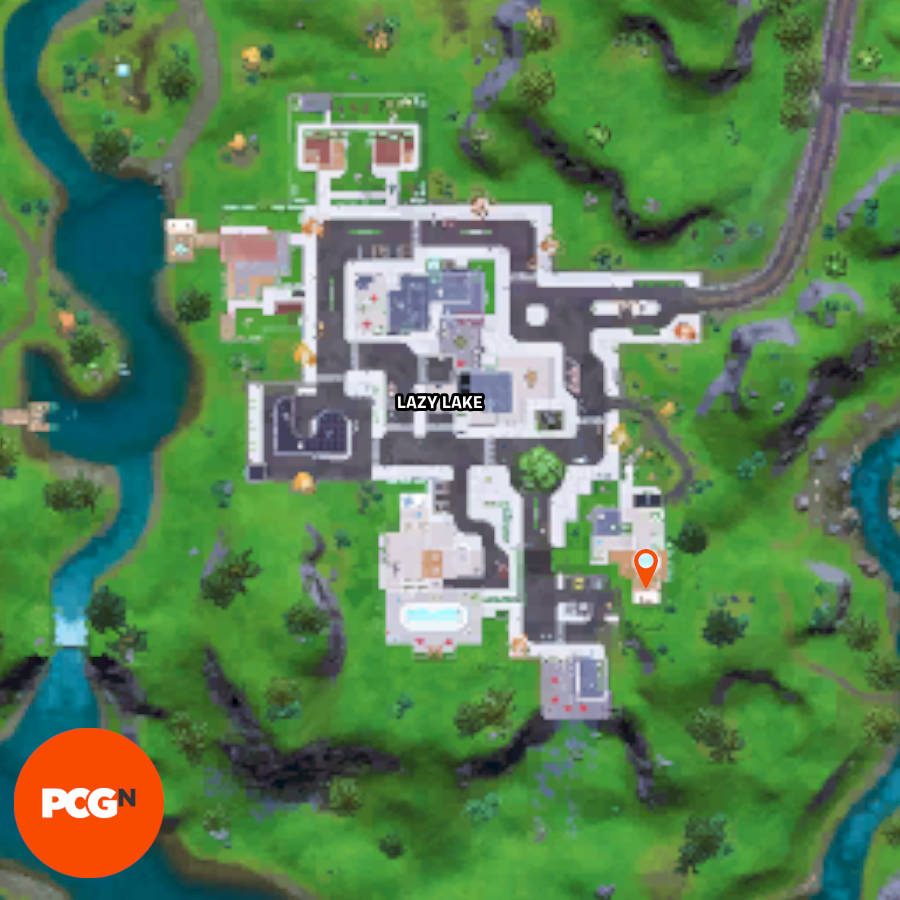 The Fortnite camera location at Lazy Lake you need to emote in front of shown as a pin.