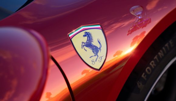 An extreme close-up of the Ferrari 296 GTB as it appears in Fortnite