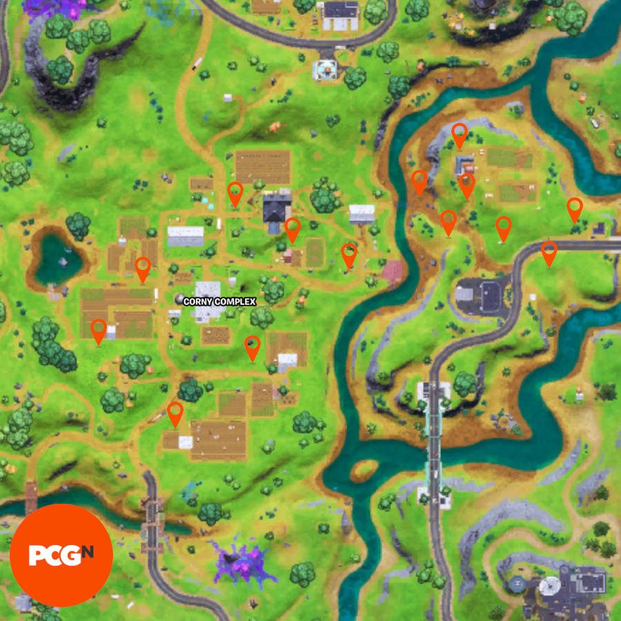 All 14 possible locations to place decoy cows in farms in Fortnite, pinned on the map.