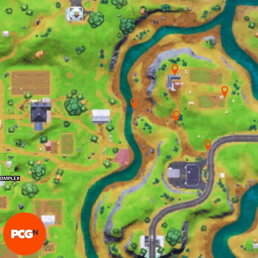 All five prepper supplies in Hayseed's Farm in Fortnite, pinned on a map.