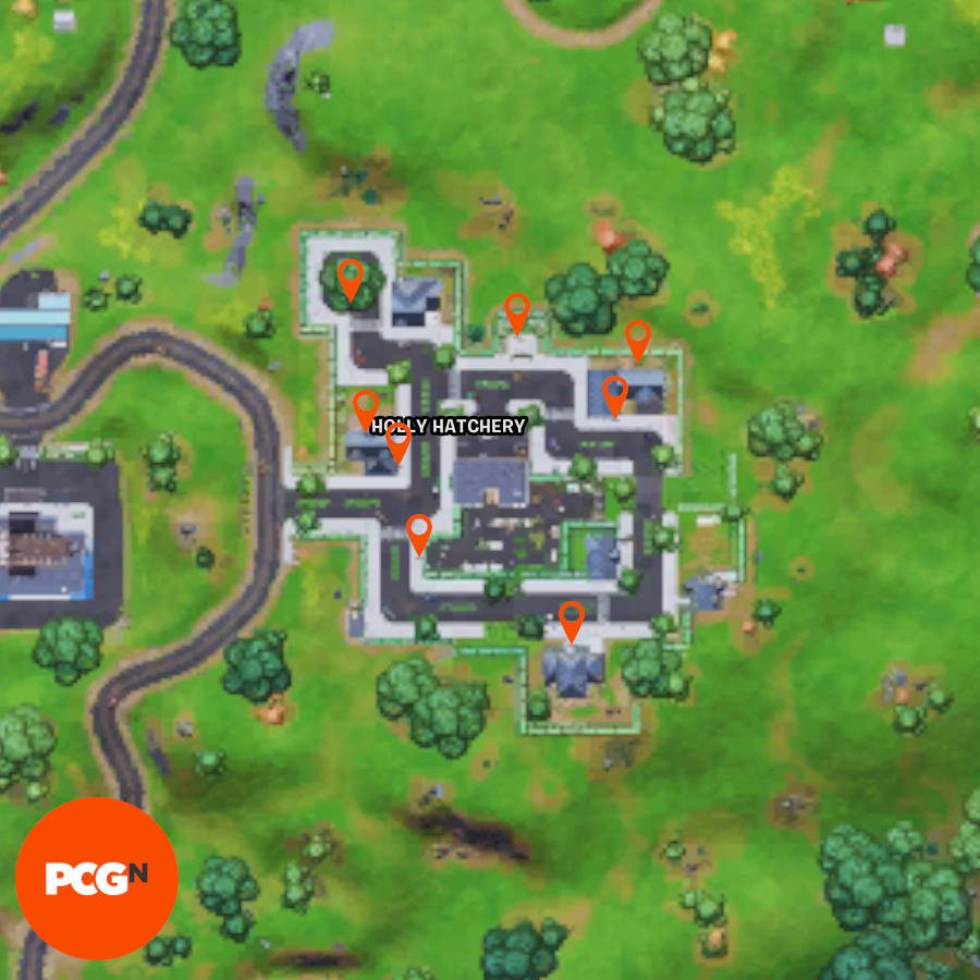 All of the Fortnite welcome gift locations in Holly Hatchery, pinned on a map.