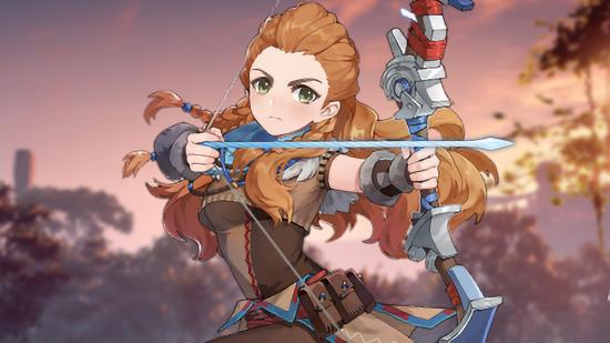 A cartoon-inspired version of Aloy from Horizon Zero Dawn steading her bow in Genshin Impact 2.2