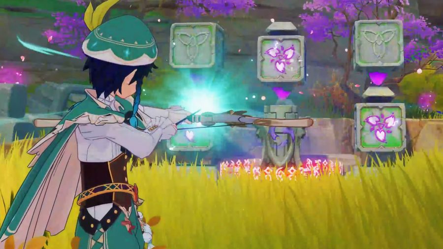 Venti aiming his bow at the Araumi puzzle in Genshin Impact