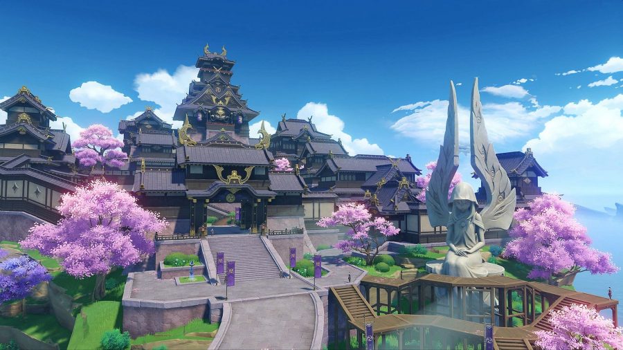 A wide shot of Inazuma City from Genshin Impact, with the purple flags and pagodas of Tenshukaku, the residence of the Raiden Shogun, looming over the town