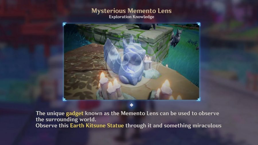 La lente Mementos que se usa para escanear una estatua de Kitsune en Genshin Impact 2.0