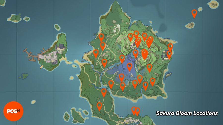 The map of Inazuma island in Genshin Impact 2.0 is filled with pins revealing the location of the sakura flowers hoa