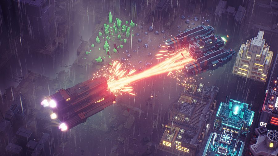 Two battleships clash in the sky in city-building game Industries of Titan