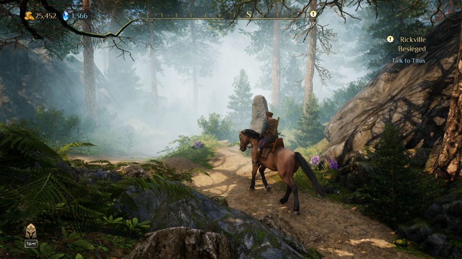 Riding a horse through a forest in King's Bounty II