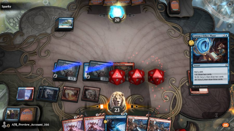 In Magic Arena, the active player is rolling dice to pump his creatures.
