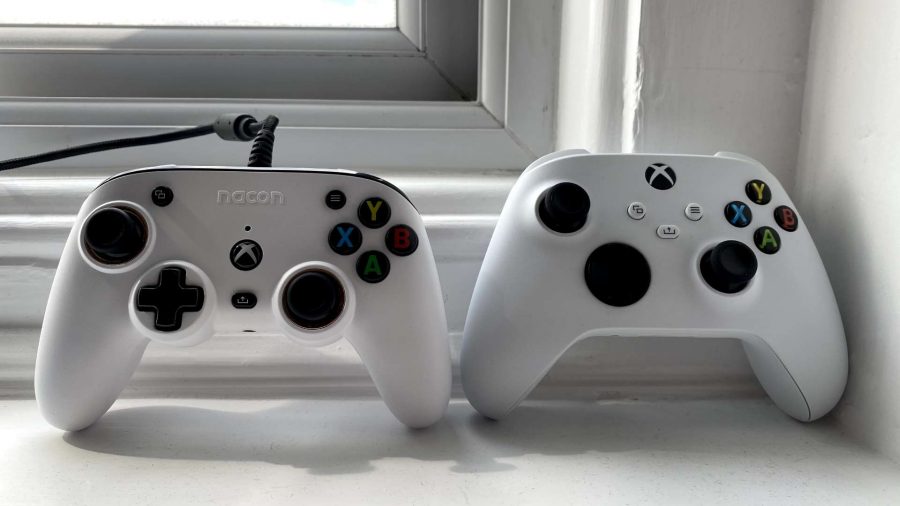 The smaller Nacon PC controller placed next to an official Xbox Series S pad