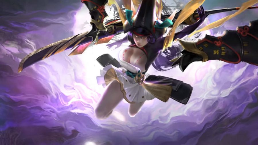 Yoto Hime - one of the characters in Naraka Bladepoint - leaping towards the camera with her sword drawn.