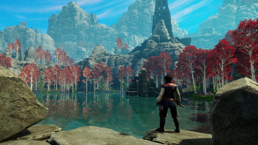 Fishing by a lake in Gate Keeper enemy standing guard with a two-handed sword in WoW and Diablo-inspired MMO, New World