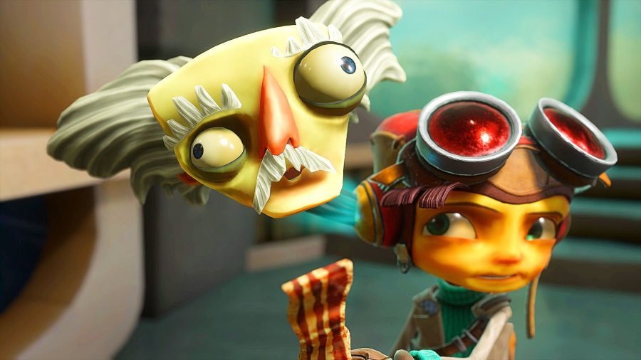 Raz from Psychonauts 2 holding up a scientist's head
