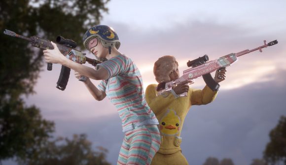 Two PUBG characters in pyjamas aiming rifles